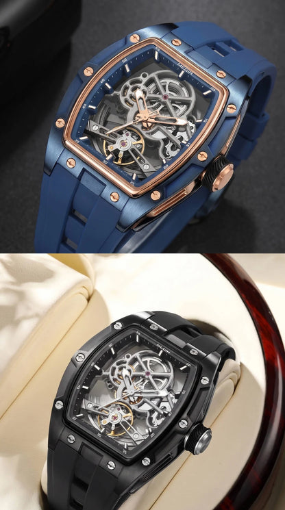 Montre mécanique pour homme MEGIR, forme tonneau, cadran squelette ajouré, style sportif, bracelet en silicone, montre automatique de luxe