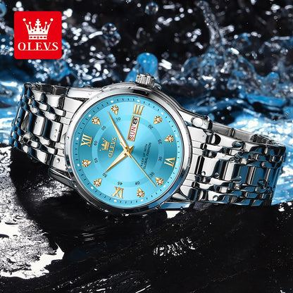 Montre à quartz pour homme OLEVS 5513 – Bracelet en acier, étanche, affichage lumineux, calendrier et jour de la semaine – Montre élégante et luxueuse, modèle original pour homme