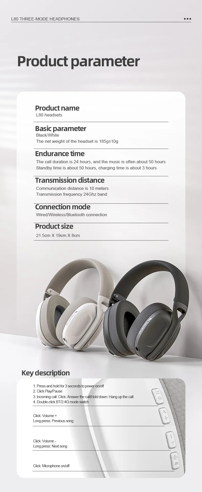 SMAILWOLF L80 Wireless Gaming Headset – Bluetooth 5.0 & 2.4GHz Triple-Mode Headphones with Microphone for PC, Laptop & Mobile Gaming