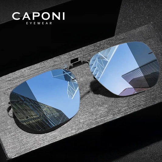 CAPONI New Sunglasses Clip For Men Square Polarized Photochromic Glasses Clip Flipped Up Protect Eyes Light Clip On Frame BS1103