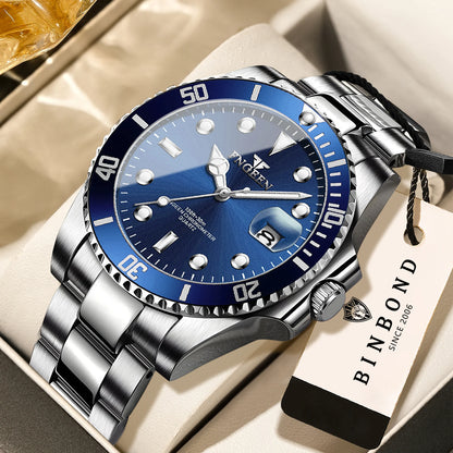 Montre-bracelet à quartz FNGEEN Son Brand de BINBOND avec bracelet en acier inoxydable pour homme, lumineuse et étanche, de luxe.