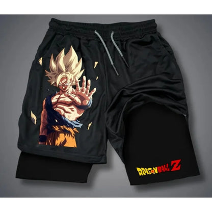 2026 Summer Dragon Ball Goku Super Saiyan Retro Gym Men's Double Layer 2-in-1 Shorts Oversized Print Fitness Workout Streetwear