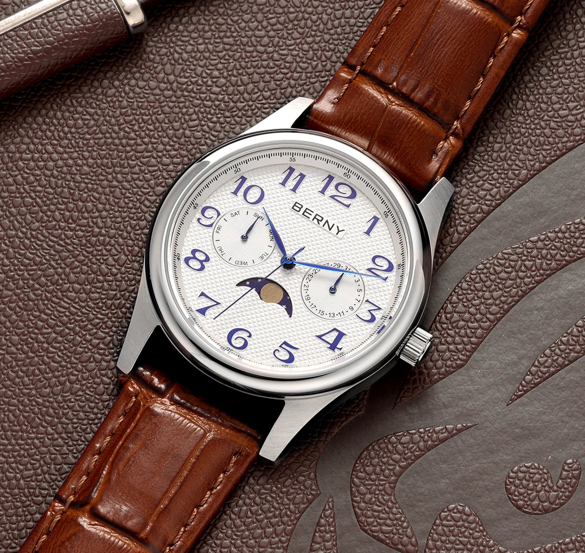 BERNY Watches for Men Moon Phase Quartz Men's Watch Day and Date Calendar Easy Read Vintage-Style Business Dress Wristwatch