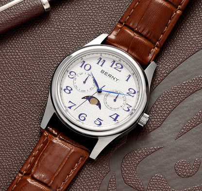 BERNY Watches for Men Moon Phase Quartz Men's Watch Day and Date Calendar Easy Read Vintage-Style Business Dress Wristwatch