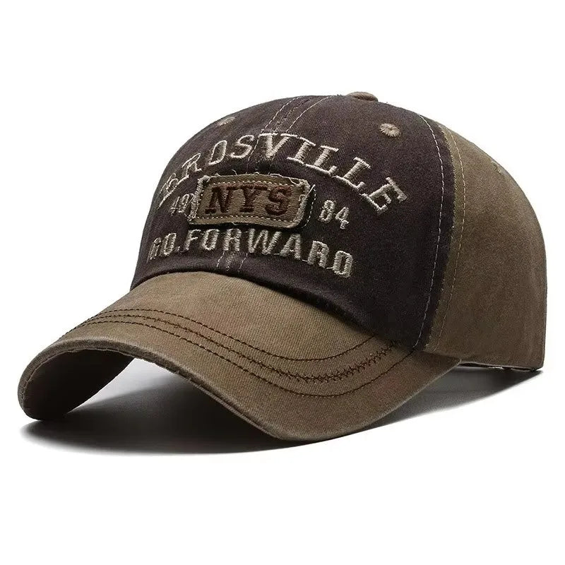 Four Seasons Men Baseball Cap Casual Distressed Washed Cotton Letter Embroidered Cap Bent Brim Dome Casual Sun Protection Hat