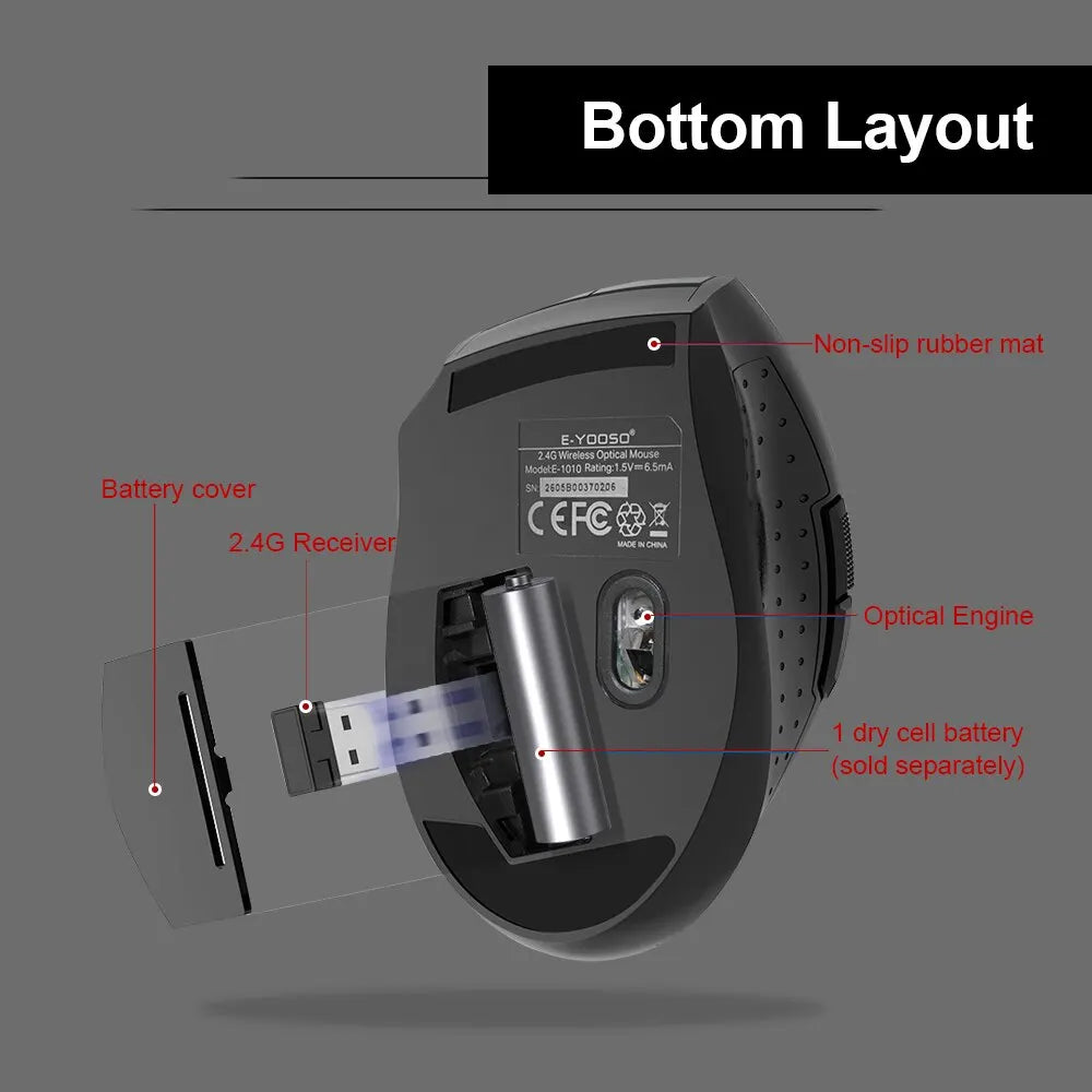 E-YOOSO E-1010 USB 2.4G bezdrátová herní a kancelářská myš, optická herní myš 2400 DPI, ergonomická pro notebook, PC a počítač