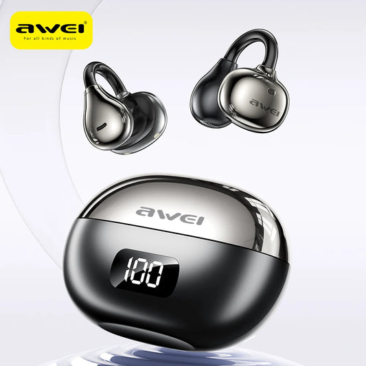Écouteurs Bluetooth à clip d'oreille Awei Open Earcove 1, écouteurs sans fil à oreille ouverte, écouteurs de sport à clip, 4 micros, super basses, IPX6