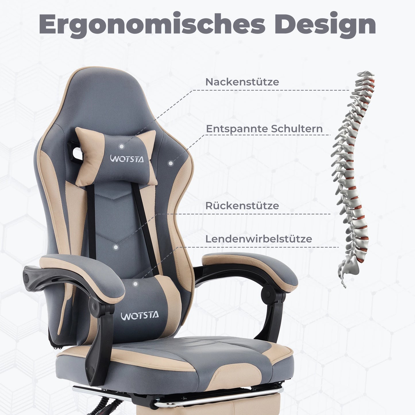 WOTSTA Gaming-Stuhl mit Fußstütze, ergonomischer Gamer-Stuhl mit Lendenkissen, Kopfstütze und höhenverstellbarem Computerstuhl