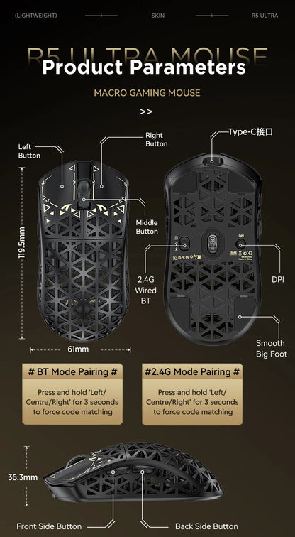 ATTACK SHARK R5 ULTRA Kabellose Gaming-Maus – 8K Polling, PAW3950MAX-Sensor, 42,000 DPI, ultraleicht aus Carbonfaser für Pro-Esport