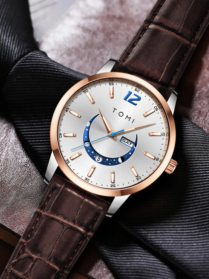 Montre à quartz TOMI, style business et élégant, avec bracelet en cuir, boîtier en alliage et cadran à aiguilles – Design haut de gamme, idée cadeau pour homme