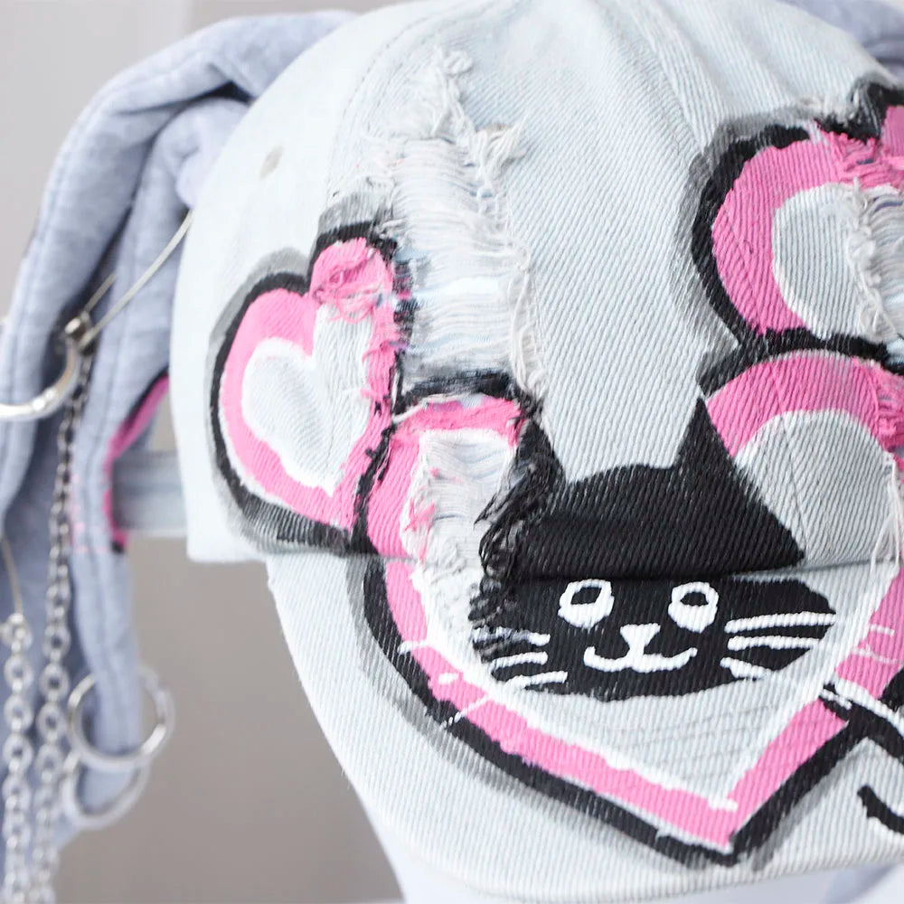 new fashion Girl New Jeans Long Rabbit Ears Cowboy Baseball Hat Wash Graffiti Hip Hop Cap Women Men Party Team Baseball Cap