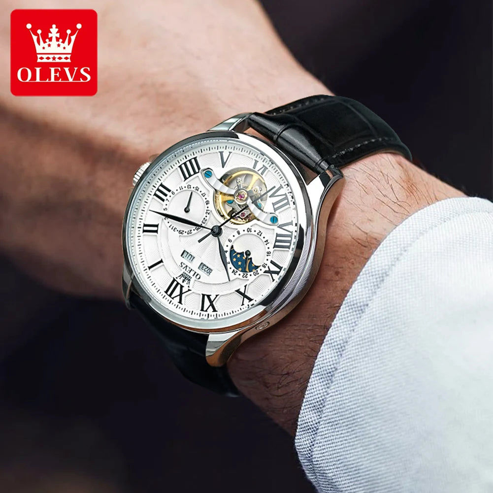 OLEVS 7013 Men's Watch Fashion Moon Phase Mechanical Watch For Men Waterproof Roman Scale Hollow Flywheel Automatic Hand Clock