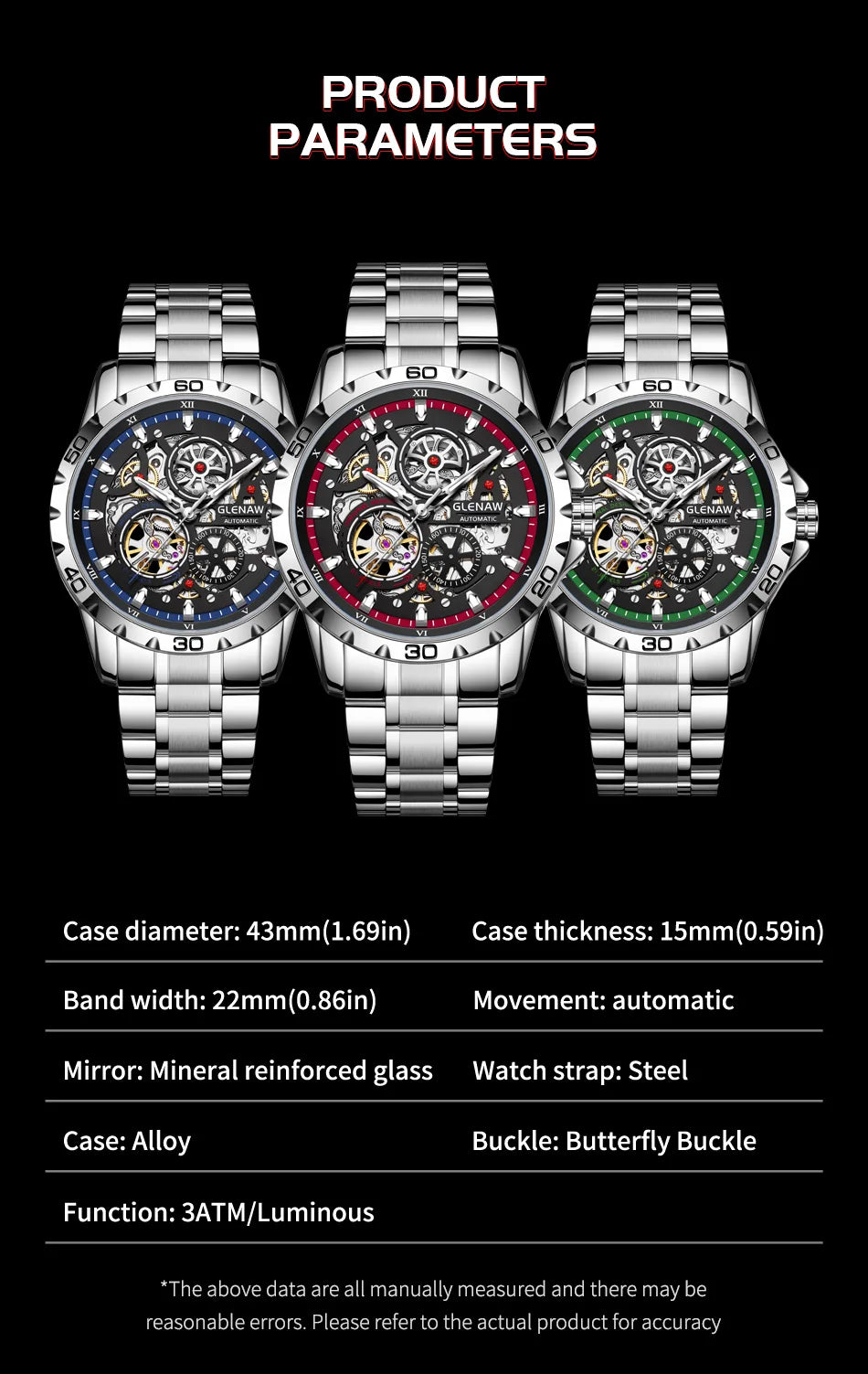 GLENAW Steampunk Skeleton Men's Watch Ring Luxury Automatic Mechanical Watches Luminous Waterproof Stainless Steel Strap Watch