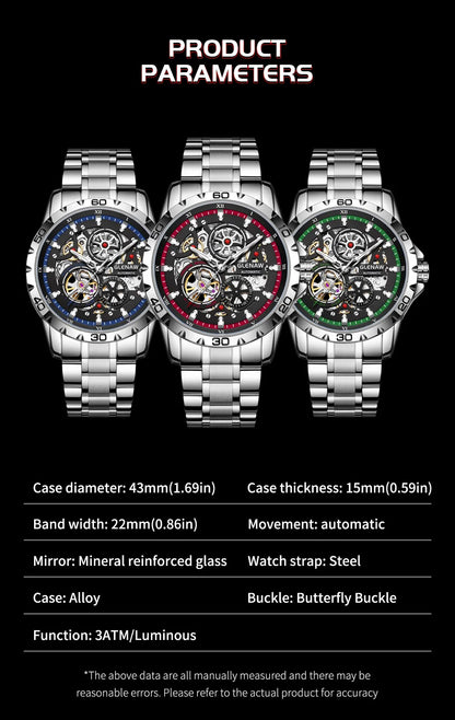 GLENAW Steampunk Skeleton Men's Watch Ring Luxury Automatic Mechanical Watches Luminous Waterproof Stainless Steel Strap Watch