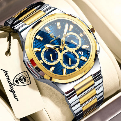 POEDAGAR Men’s Luxury Stainless Steel Quartz Watch  Waterproof Chronograph with Luminous Dial & Date