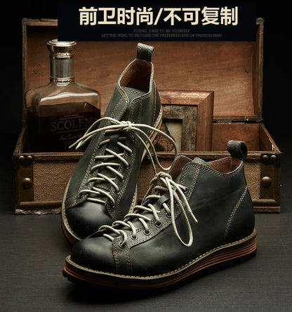 KOWM cowhide Hiking shoes men's walking boot British trekking shoes thick soled cowhide high top motorcycle boots ankle sneakers