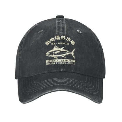 Japanense Tsukiji Fish Market Washed Tokyo Japan Baseball Cap Sun High Quality Washed Trucker Hat Female Male Snapback Cap