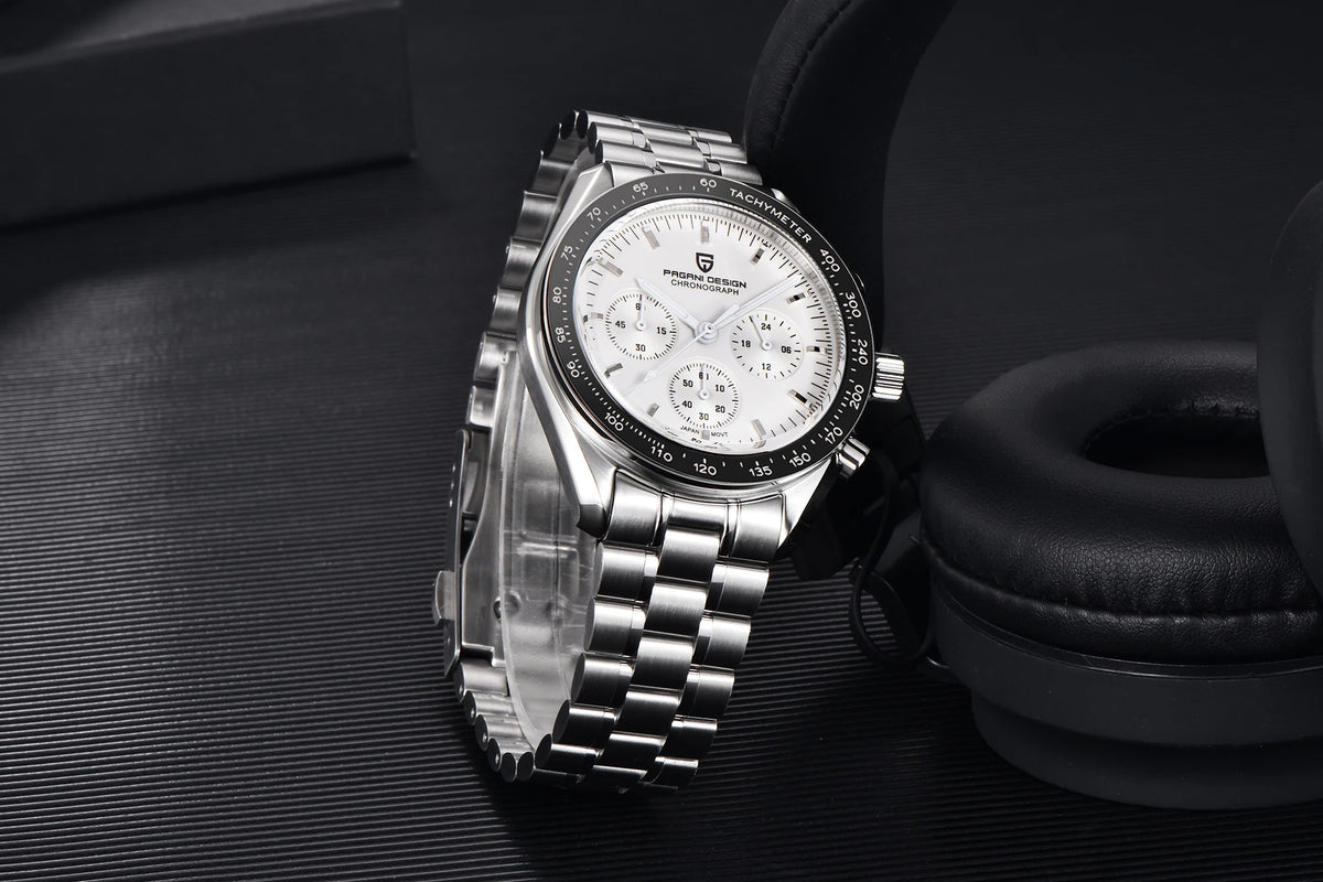 PAGANI DESIGN herenhorloge „New Moon“ – Luxe quartzhorloge, chronograaf, saffierglas met antireflectiebehandeling, keramische lunette, lichtgevende wijzers