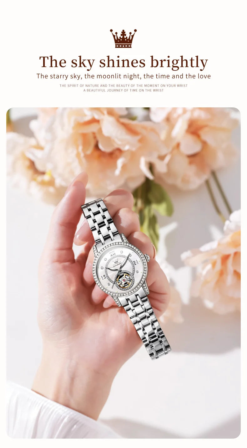 OLEVS Women’s Luxury Automatic Skeleton Watch  Starry Sky Stainless Steel Mechanical Wristwatch