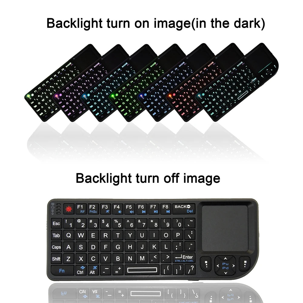 Teclado inalámbrico A8 Mini 2.4G con retroiluminación de 7 colores, teclado portátil 3 en 1 con panel táctil y Air Mouse para Android TV Box, PC y tablet