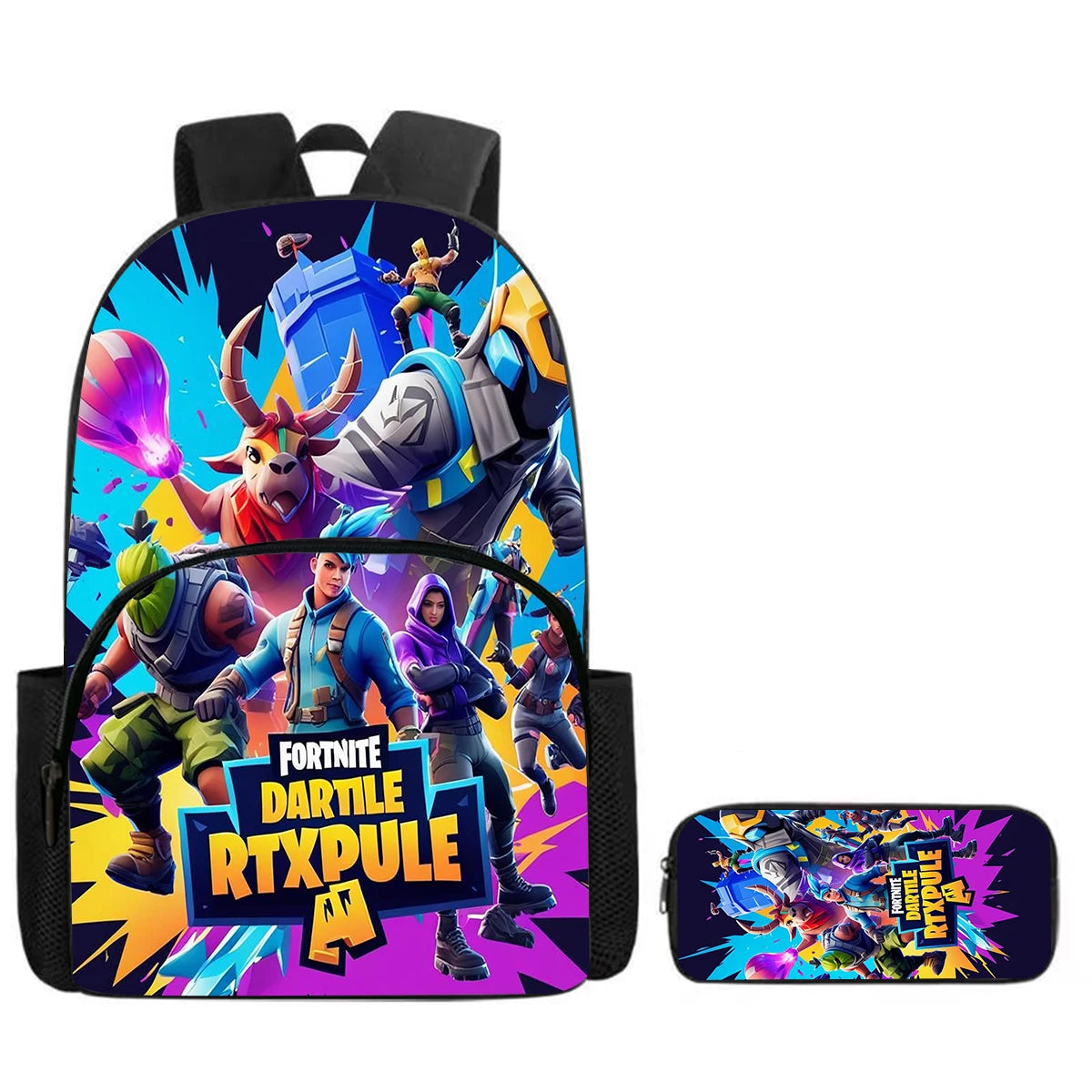 Fortnite 2-Piece Set Backpack with Front Pocket Pencil Case Large Capacity Cartoon Schoolbag Kids Boys Girls Gift Ages 5-8