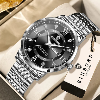 Montre-bracelet à quartz de luxe BINBOND pour homme – Étanche, lumineuse, avec affichage du jour de la semaine – Style business, sport, mode et décontracté