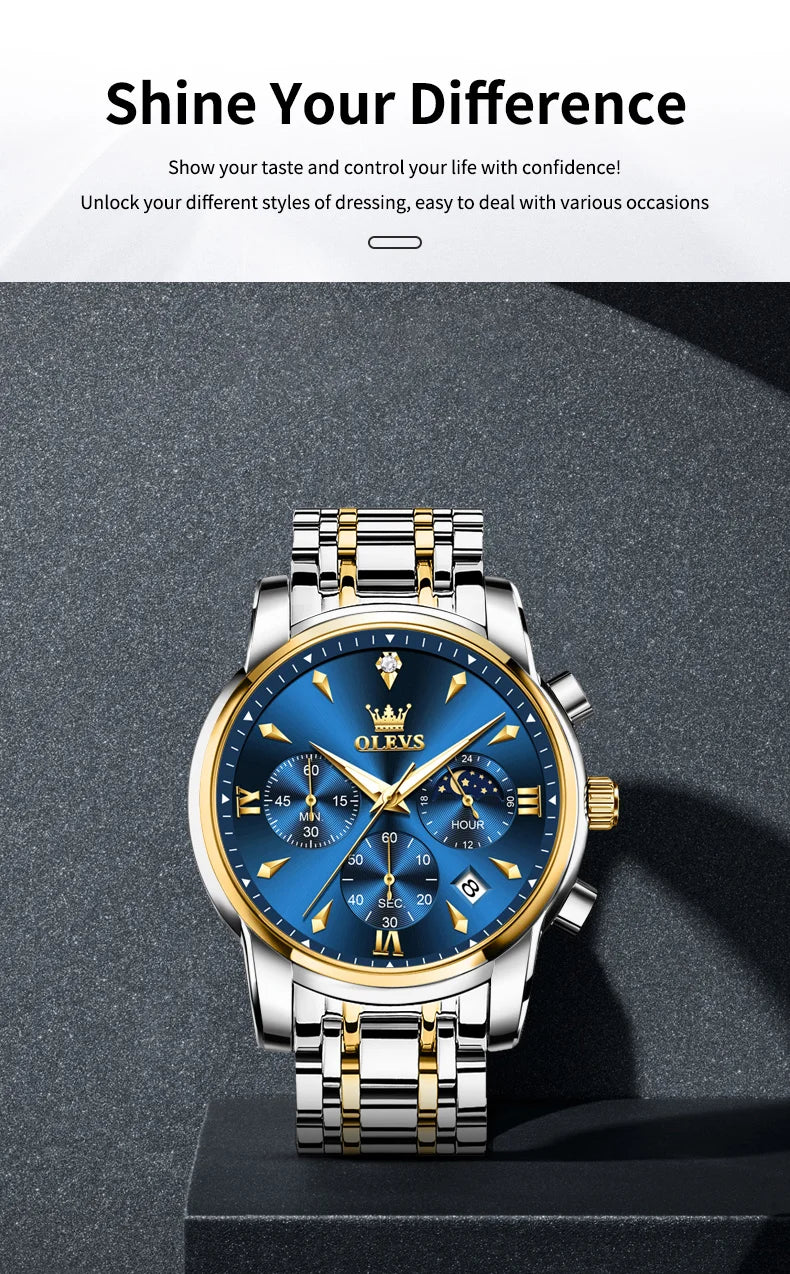 OLEVS 3639 Top Brand Original Luxury New Quartz Watch Stainless Steel Watch For Men Waterproof Luminous Moon Phase Mens Watch