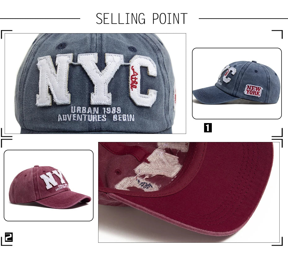 New Vintage Big Letter NYC Baseball Cap Men Cotton Washed Spring Autumn Visor Soft Snapback Fashion Hat For Women