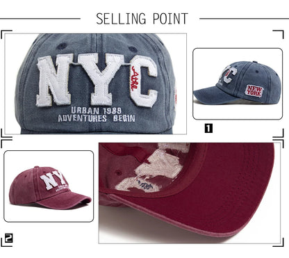 New Vintage Big Letter NYC Baseball Cap Men Cotton Washed Spring Autumn Visor Soft Snapback Fashion Hat For Women