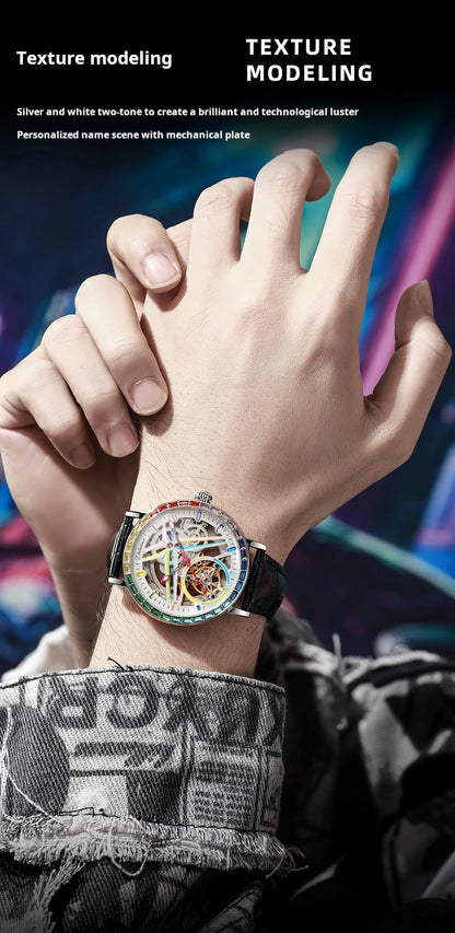 Rainbow Colored Gemstone Tourbillon Fashion Skeleton Watch Men Waterproof 30M Sports Watches Luxury Automatic Mechanical Clock