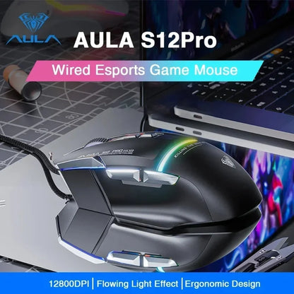 AULA S12Pro kablet mekanisk mus 1000HZ 12800DPI RGB lav latenstid makrodefinitioner esport gamingmus PC-gamer-tilbehør