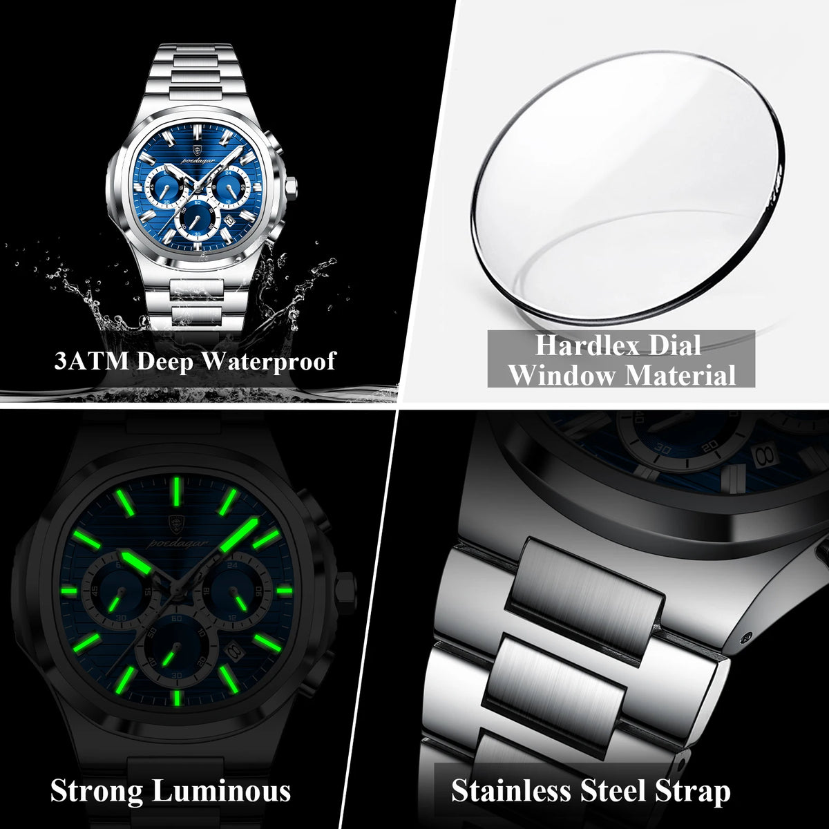 POEDAGAR Men’s Luxury Stainless Steel Quartz Watch  Waterproof Chronograph with Luminous Dial & Date