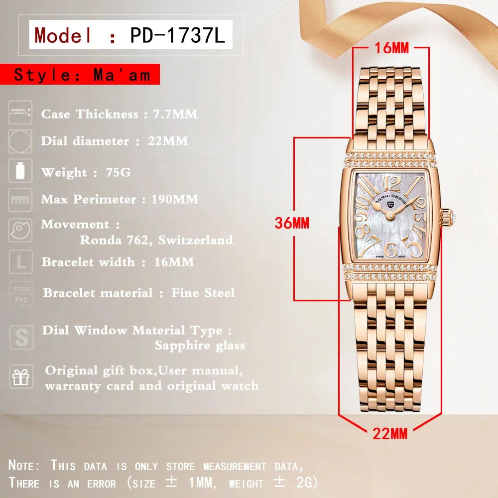 PAGANI DESIGN Luxury Fashion Women's Quartz Watch Swiss Ronda Movt Sapphire Stainless Steel Waterproof Clock Gift For Woman