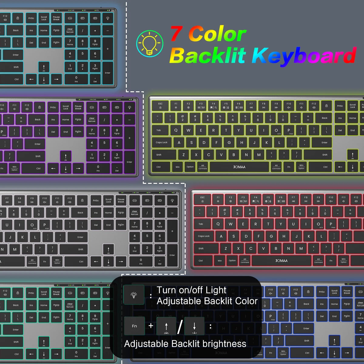 Jomaa Wireless Bluetooth Keyboard Multi-Device Full Size Wireless Backlight Keyboard with Number Pad, for Windows/PC/Laptop/Phone
