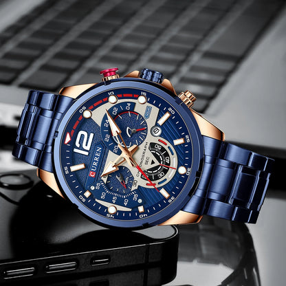 Orologio da uomo CURREN sportivo al quarzo con cronografo, in acciaio inox di lusso con quadrante luminoso