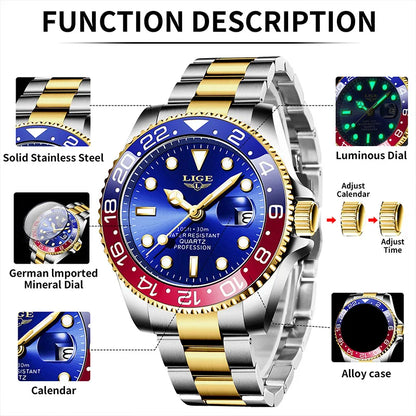 LIGE Men’s Luxury Quartz Watch  Stainless Steel, Luminous Dial, Waterproof & Business Design