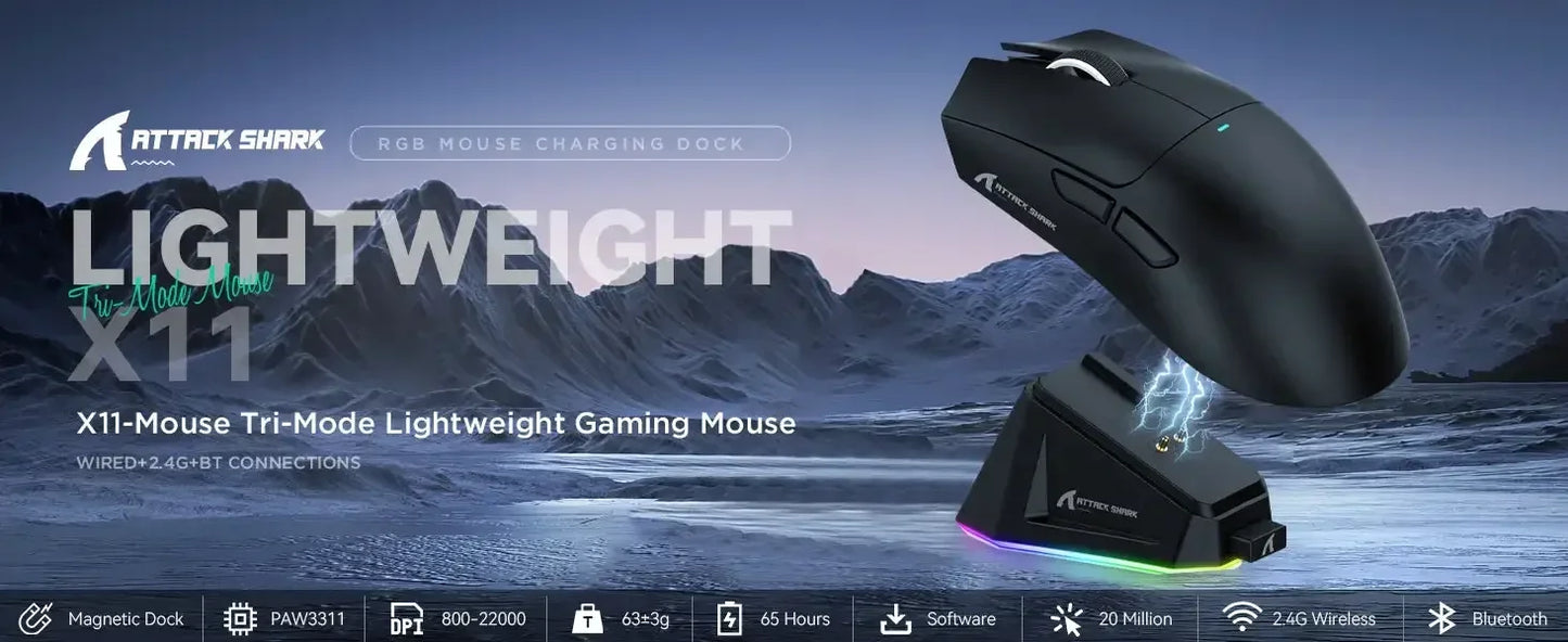 Rato Gaming Sem Fios Original ATTACK SHARK X11 com Dock de Carregamento, Sensor Gaming PixArt PAW3311, Ligação BT/2.4G Sem Fios/Com Fios