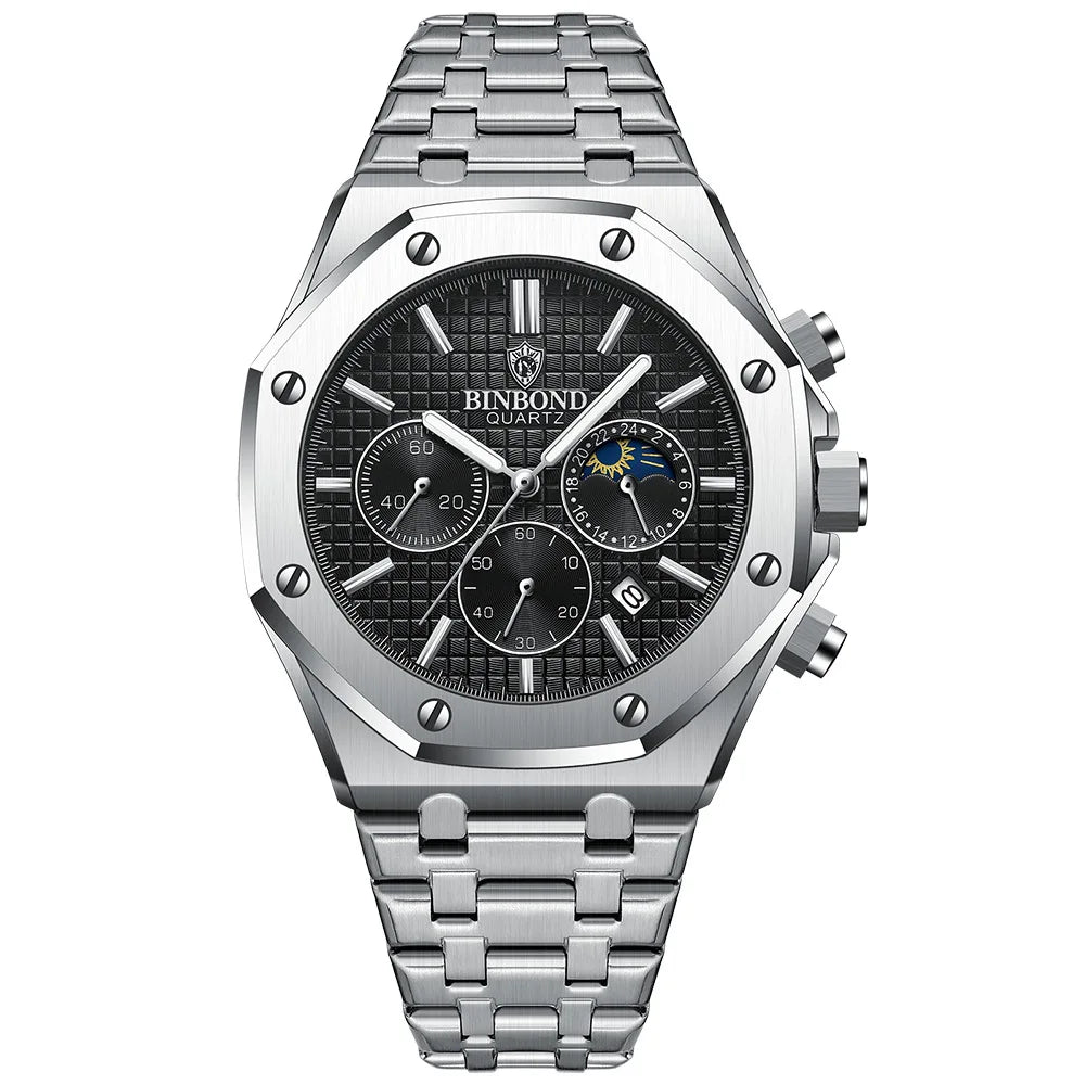 Montre-bracelet à quartz de luxe BINBOND, lumineuse, étanche, chronographe avec date automatique, montre pour homme, montre de sport et d'affaires.