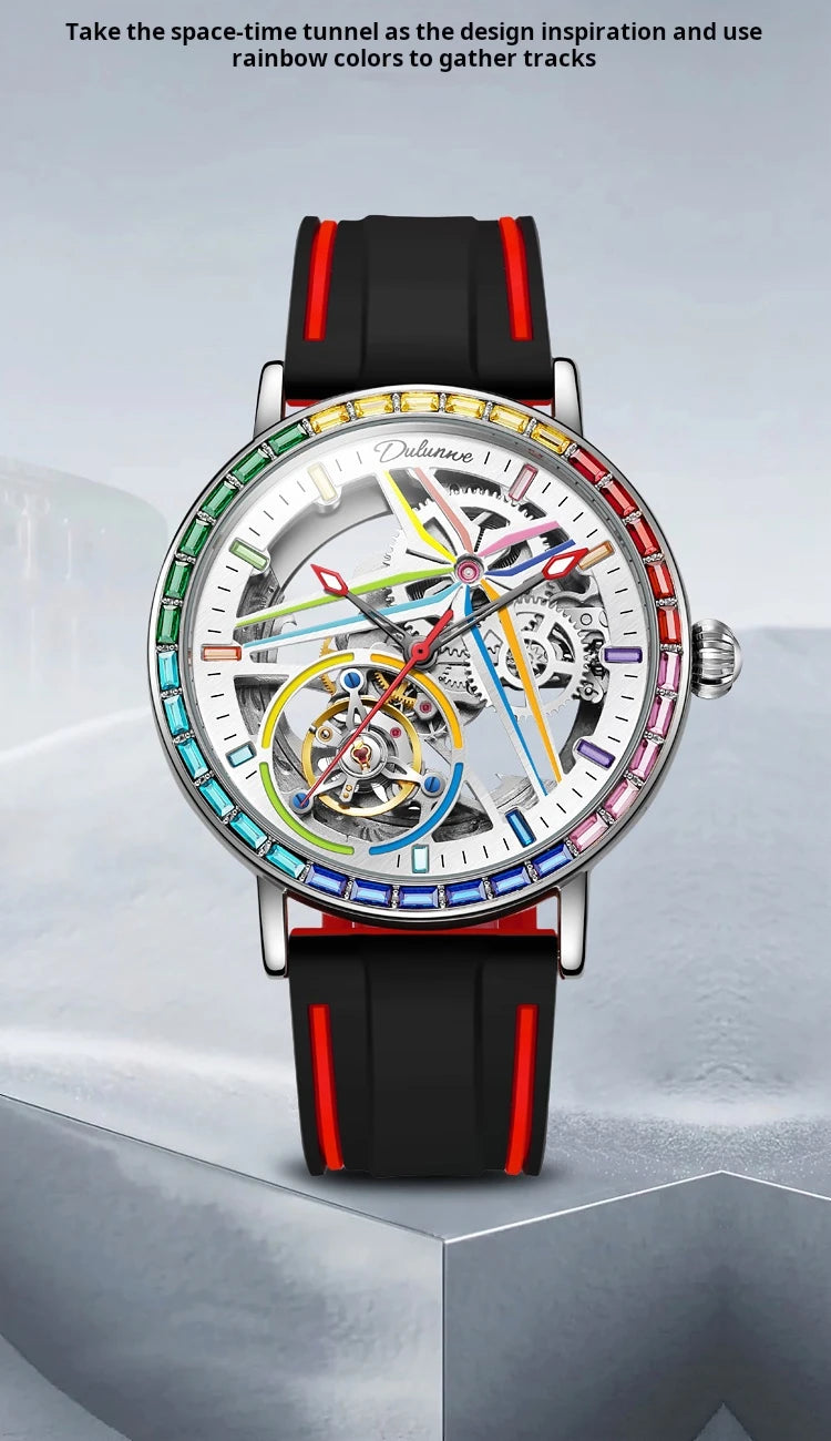 Rainbow Colored Gemstone Tourbillon Fashion Skeleton Watch Men Waterproof 30M Sports Watches Luxury Automatic Mechanical Clock