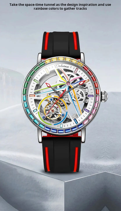 Rainbow Colored Gemstone Tourbillon Fashion Skeleton Watch Men Waterproof 30M Sports Watches Luxury Automatic Mechanical Clock