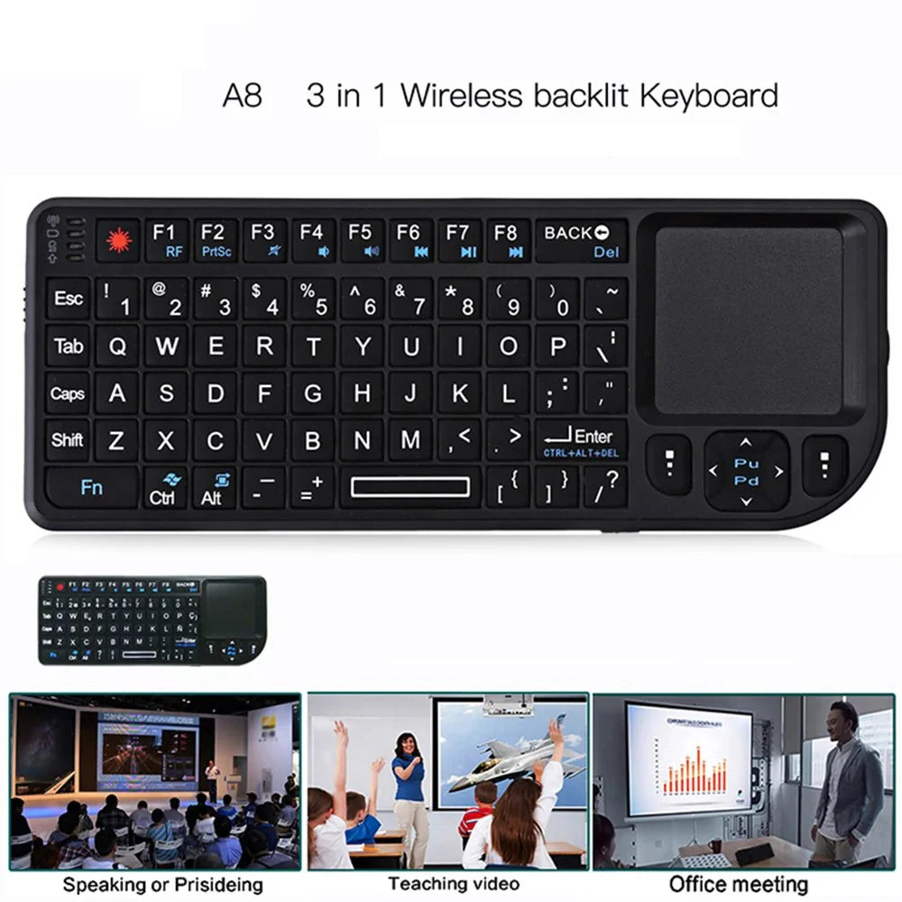 Teclado inalámbrico A8 Mini 2.4G con retroiluminación de 7 colores, teclado portátil 3 en 1 con panel táctil y Air Mouse para Android TV Box, PC y tablet