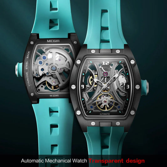 MEGIR Sports Style Automatic Mechanical Watch for Men Full Hollow Transparent Dial Design Stainless Steel Case Silicone Strap