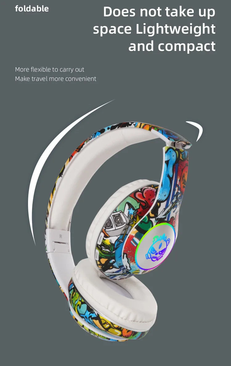 New Graffiti Wireless Overhead Headset with Mic LED Light LX-8686 High Quality TF Card Bluetooth Headphones for PC Gaming Child