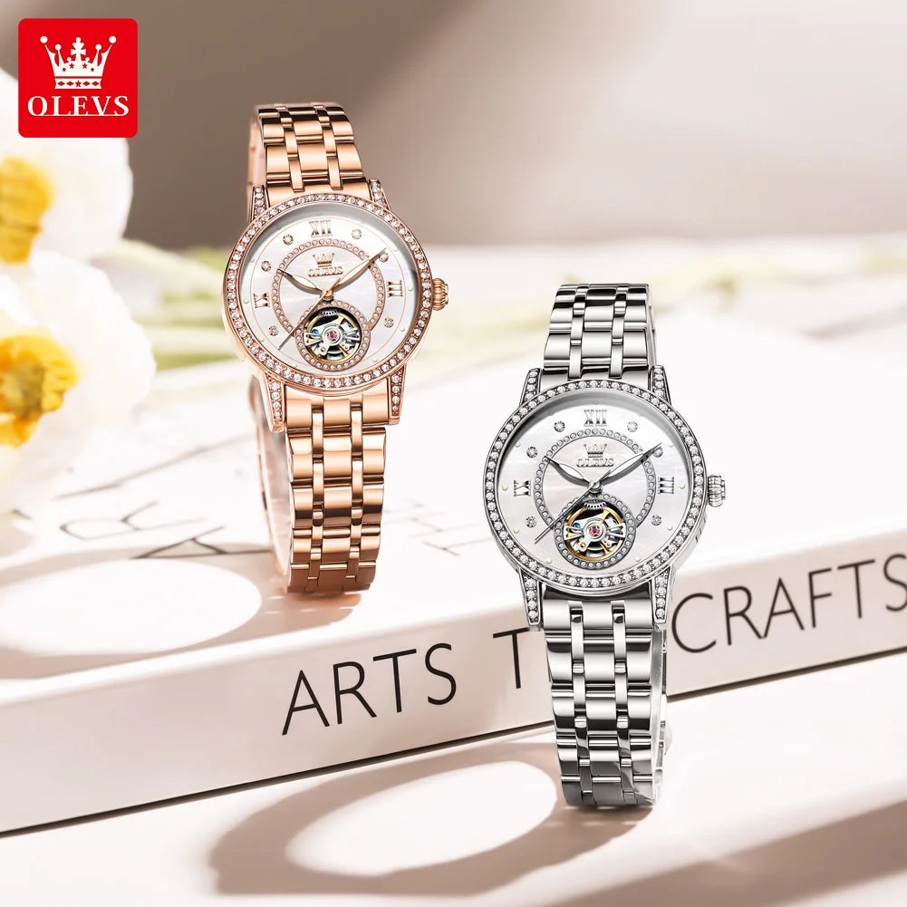 OLEVS Women’s Luxury Automatic Skeleton Watch  Starry Sky Stainless Steel Mechanical Wristwatch