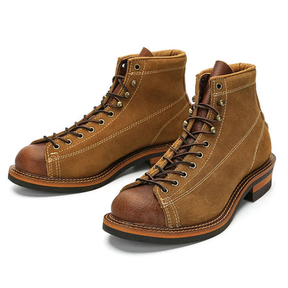 KOWM cowhide Hiking shoes men's walking boot British trekking shoes thick soled cowhide high top motorcycle boots ankle sneakers