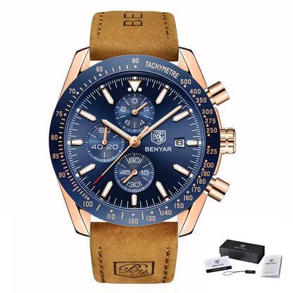 Relojes de lujo para hombre BENYAR: relojes de pulsera de cuarzo con correa de piel, resistentes al agua hasta 30 m, estilo deportivo.