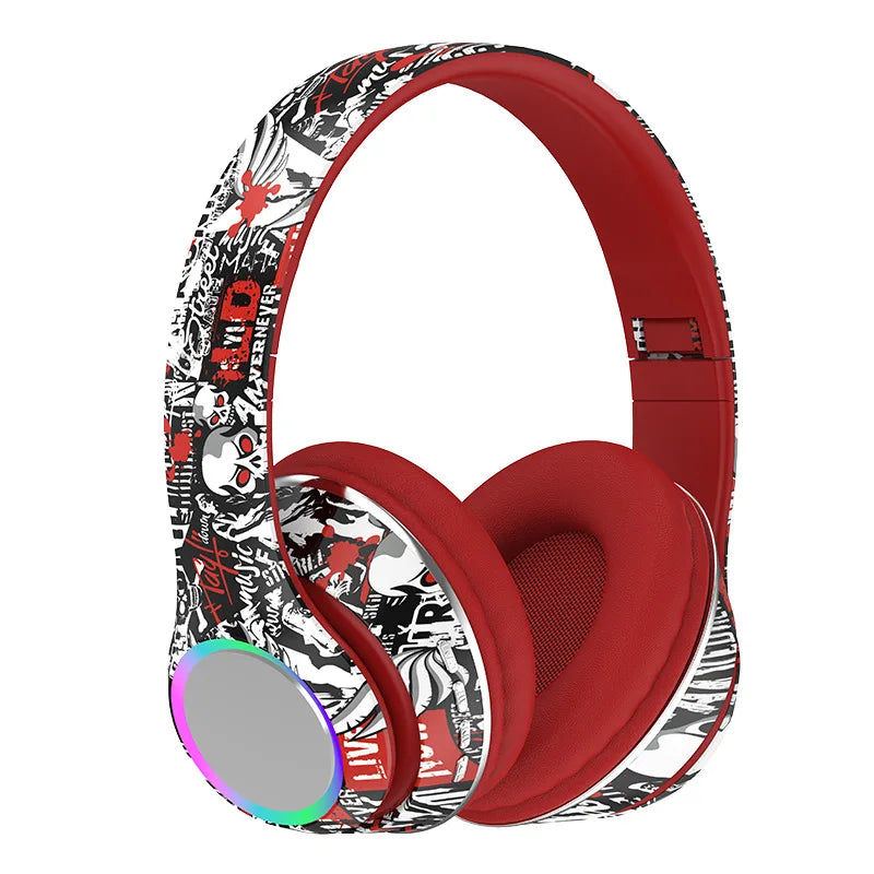 P85 Graffiti Wireless Headset Bluetooth 5.3 Gamer Headphones with Microphone Overhead Headphone with LED Light Foldable FM Radio