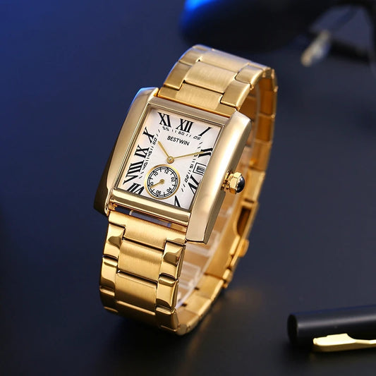 Luxury Men's Watch Men's Gold White Roman Digital Quartz Watch Metal Strap Rectangle Classic Brand Watch Business Men's Clock