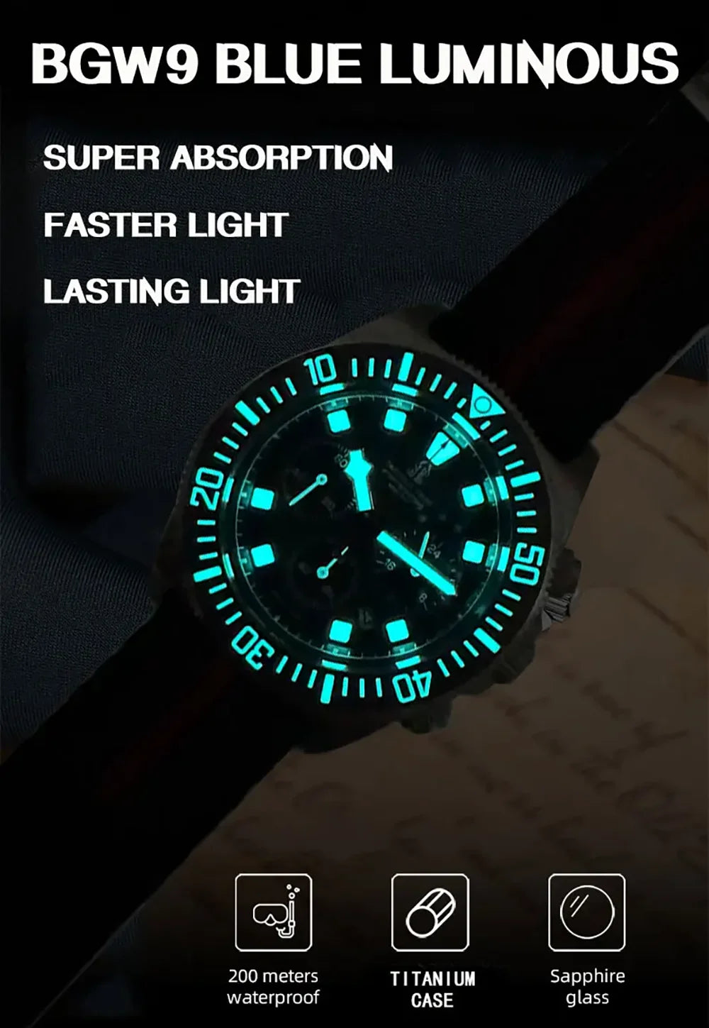 Tactical Frog FXD Titanium Quartz Watch VS75B Solar-powered Movement 20Bar Chronograph Sapphire Diving Watch BGW9 Luminous Watch