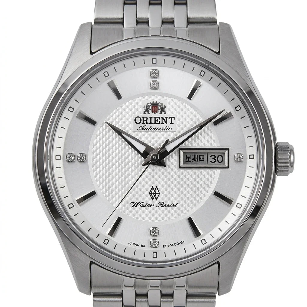 Orient automatisch mechanisch herenhorloge, met dubbele kalender (datum en dag van de week), kristallen indexen en roestvrijstalen armband – Polshorloge in professionele stijl